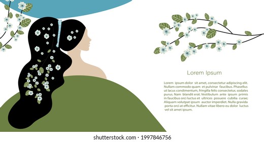 Cute abstract  illustrations people and spring and summer. Girl and flowers. Vector Template with copy space for invitation, cards or banner and  poster, Landing Page 