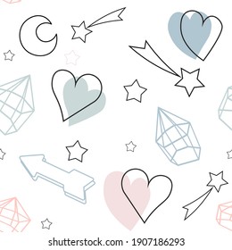 
Ilustraciones abstractas y un patrón vectorial sin fisuras. Gracioso dibujado a mano
cristales, corazones, estrellas, sobre un fondo blanco. La imprenta delgada es ideal para tejidos, textiles.