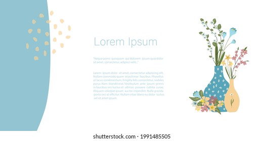 Cute abstract  illustrations  spring and summer, Vases with flowers . Vector Template with copy space for invitation, cards or banner and  poster, Landing Page 