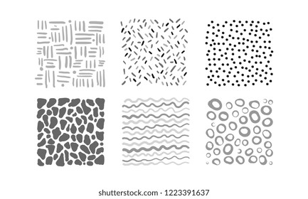Cute abstract irregular patterns set, black, gray, white textures vector Illustration on a white background
