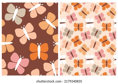 Cute Abstract Irregular Vector Seamless Pattern with Funny Hand Drawn Butterflies on a Brown and Beige Background. Simple Butterfly Repeatable Print ideal for Fabric, Wrapping Paper, Textile.