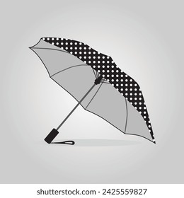 Cute abstract isolated black retro classic open umbrella icon on the ground with shadow and polka dot fabric pattern on gray gradient background