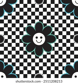 Cute abstract isolated daisy flowers with cheery faces icons set on black and white checkered pattern background design element 