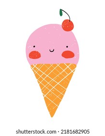 Cute Abstract Kawaii Vector Illustration. Pastel Pink Hand Drawn Smiling Ice Cream on a White Blackground. Infantile Style Print ideal for Card, Poster, Greetings, Wall Art. Sweet Happy Food.