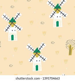 Cute abstract landscape with mills and flowers. For kids fabric, textile, nursery wallpaper. Childish Illustration.