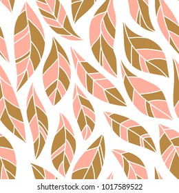 Cute abstract leaves in pink and gold colors on the white background. Vector simple seamless pattern for fabric or wallpaper design.