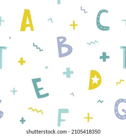Cute abstract letters pattern. Doodle seamless print with alphabet and geometric shapes.