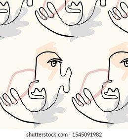 Cute abstract line face. Pattern with one continuous human head in modern style. 