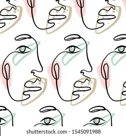 Cute abstract line face. Pattern with one continuous human head in modern style. 