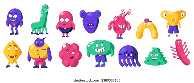 Cute abstract monsters. Doodle funny shapes alien characters with different emotions, figures with cute faces. Vector childish monster set. Colorful fantastic beasts with various expressions