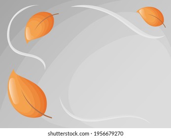 Cute abstract and natural background with copy space. Orange leaves and windy weather in the gray background. Flat style illustration.