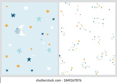 Cute Abstract Night Sky Illustration and Seamless Zodiac Vector Pattern. Funny Hand Drawn New Moon and Little Stars Isolated on a Pastel Blue Background. Zodiac Print ideal for Fabric, Textile.