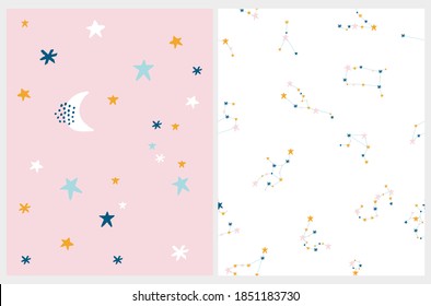 Cute Abstract Night Sky Illustration and Seamless Zodiac Vector Pattern. Funny Hand Drawn New Moon and Little Stars Isolated on a Pastel Pink Background. Zodiac Print ideal for Fabric, Textile.