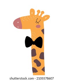 Cute Abstract Nursery Vector Illustration with Funny Hand Drawn Giraffe with Black Bow and Long Neck Isolated on a White Background. Safari Party Print ideal for Card, Wall Art, Invitation, Poster.