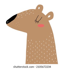 Cute Abstract Nursery Vector Illustration with Brown Hand Drawn Bear Isolated on a White Background. Woodland Party Print with Funny Bear ideal for Card, Wall Art, Invitation, Poster.