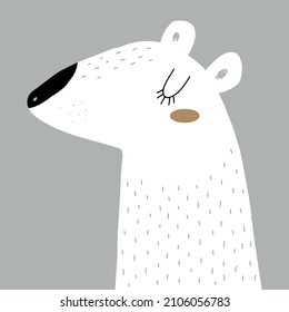 Ilustración de vectores de enfermería abstracta con oso de mano blanca aislado en un fondo gris. Impresión de Woodland Party con divertido oso polar ideal para tarjeta, arte de pared, invitación, afiche.