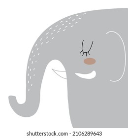 Cute Abstract Nursery Vector Illustration with Big Gray Hand Drawn Elephant Isolated on a White Background.  Safari Party Print ideal for Card, Wall Art, Invitation, Poster.