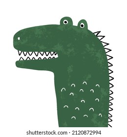 Cute Abstract Nursery Vector Illustration with Green Hand Drawn Alligator Isolated on a White Background. Safari Party Print with Funny Crocodile ideal for Card, Wall Art, Invitation, Poster.