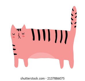 Cute Abstract Nursery Vector Illustration with Pink Hand Drawn Tiger Isolated on a White Background. Safari Party Print with Funny Wild Fat Cat ideal for Card, Wall Art, Invitation, Poster.