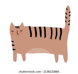 Cute Abstract Nursery Vector Illustration with Brown Hand Drawn Tiger Isolated on a White Background. Safari Party Print with Funny Wild Fat Cat ideal for Card, Wall Art, Invitation, Poster.