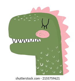 Cute Abstract Nursery Vector Illustration with Green Hand Drawn Dinosaur Isolated on a White Background. Simple Print with Funny Dino ideal for Card, Wall Art, Invitation, Poster.