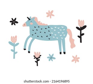 Cute Abstract Nursery Vector Illustration with Funny Hand Drawn Blue Unicorn and Flowers Isolated on a White Background. Magic Party Print ideal for Card, Wall Art, Invitation, Poster.