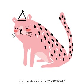 Cute Abstract Nursery Vector Illustration with Funny Hand Drawn Leopard Isolated on a White Background. Pink Wild Cat in the Hat Print ideal for Card, Wall Art, Safari Party, Decoartion, Poster.