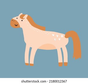Cute Abstract Nursery Vector Illustration with Funny Hand Drawn Horse Isolated on a Pale Blue Background. Simple Orange-Beige Happy Horse Print ideal for Card, Wall Art, Decoartion, Poster.