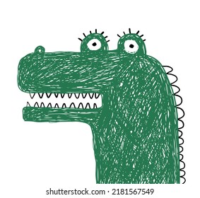 Cute Abstract Nursery Vector Illustration with Green Hand Drawn Alligator Isolated on a White Background. Simple Print with Funny Crocodile ideal for Card, Wall Art, Invitation, Poster. Sketched Dino.