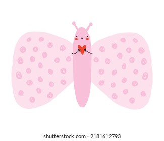 Cute Abstract Nursery Vector Illustration with Funny Hand Drawn Butterfly Isolated on a White Background. Simple Print with Pastel Pink Kawaii Style Butterfly ideal for Card, Wall Art, Poster.