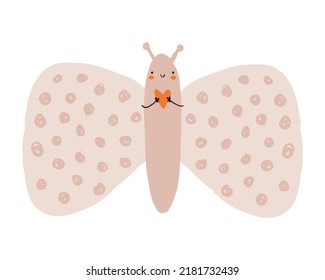 Cute Abstract Nursery Vector Illustration with Funny Hand Drawn Butterfly Isolated on a White Background. Simple Print with Light Beige Kawaii Style Butterfly ideal for Card, Wall Art, Poster.