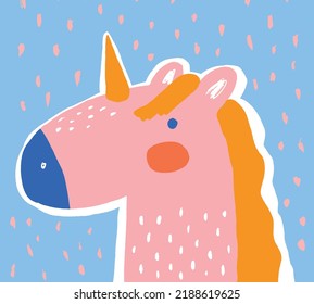 Cute Abstract Nursery Vector Illustration with Funny Hand Drawn Unicorn Isolated on a Pastel Blue Background. Magic Party Print ideal for Card, Wall Art, Invitation, Poster.