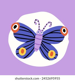 Cute Abstract Nursery Vector Illustration with Funny Hand Drawn Butterfly Isolated on a Purple Background. Simple Print with Light Beige Kawaii Style Butterfly ideal for Card, Wall Art, Poster.