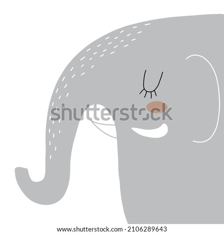 Cute Abstract Nursery Vector Illustration with Big Gray Hand Drawn Elephant Isolated on a White Background.  Safari Party Print ideal for Card, Wall Art, Invitation, Poster.