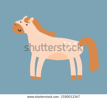 Cute Abstract Nursery Vector Illustration with Funny Hand Drawn Horse Isolated on a Pale Blue Background. Simple Orange-Beige Happy Horse Print ideal for Card, Wall Art, Decoartion, Poster.