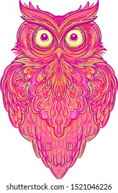 Cute abstract owl and psychedelic ornate pattern. Character tattoo design for pet lovers, artwork for print, textiles. Detailed vector illustration. Totem animal. 