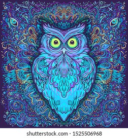 Cute abstract owl and psychedelic ornate pattern. Character tattoo design for pet lovers, artwork for print, textiles. Detailed vector illustration. Totem animal. 