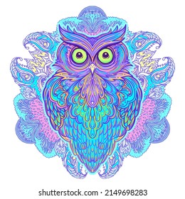 Cute abstract owl and psychedelic ornate pattern. Character tattoo design for pet lovers, artwork for print, textiles. Detailed vector illustration. Totem animal. 