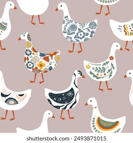 Cute abstract painted cartoon geese seamless pattern. Doodle patterned goose collection. Rustic, nursery, folk, or Scandinavian style. Vector background.