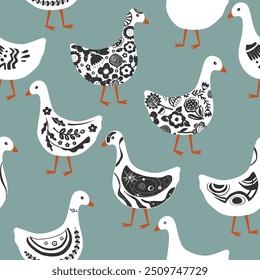 Cute abstract painted cartoon geese seamless pattern. Doodle patterned goose collection. Rustic, nursery, folk, or Scandinavian style. Vector background.