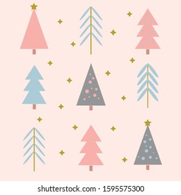 Cute Abstract Pastel Christmas Tree Set On Pink Background With Gold Stars.