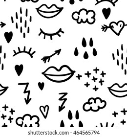 Cute abstract pattern with doodle: eyelashes, lips, arrows,lightning, clouds and rain drops. Vector illustration.