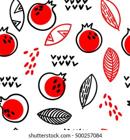 Cute abstract pattern with pomegranates and leaves on a white background. Vector illustration.