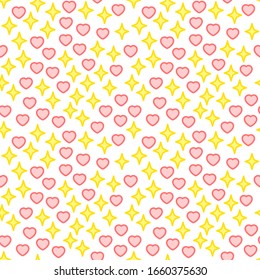 Cute abstract pattern. The seamless background of outlined yellow stars and pink hearts on white background. Vector 8 EPS