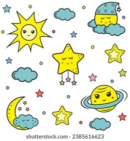 Cute abstract patterns of planets and stars. Ideal for fabrics, textiles, wallpaper. Vector illustration.