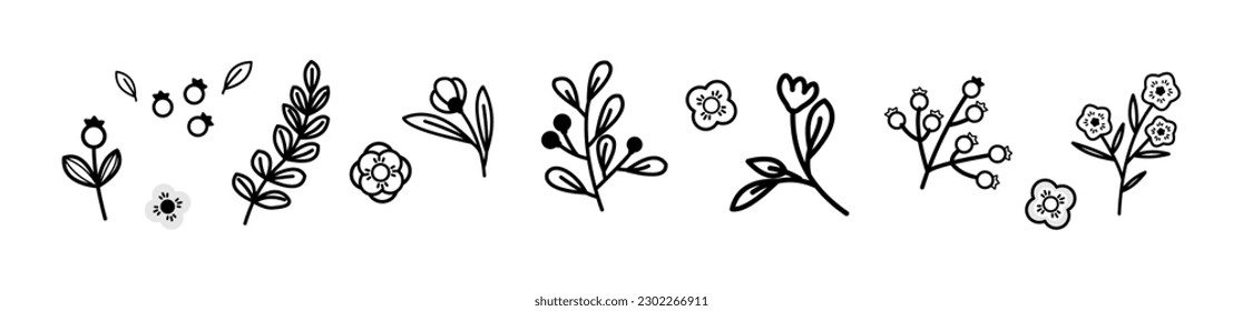 Cute abstract plants and flowers line art Vector illustration. Trendy Modern cartoon style pattern template collection, hand-drawn style. for logos, tattoos, invitations, cards, and prints.