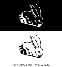 Cute abstract rabbit logo bunny in simple black and white design