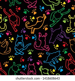 Cute abstract rainbow cats on a black background. Perfect for scrap booking, textile and home decor projects. Surface pattern design. 