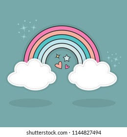 Cute abstract rainbow and clouds with hearts and stars sparkles in the sky with shadows on blue teal background