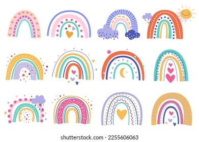 Cute abstract rainbows set graphic elements in flat design. Bundle of different rainbows with hearts, clouds, sun and other decor in boho or scandinavian style. Vector illustration isolated objects